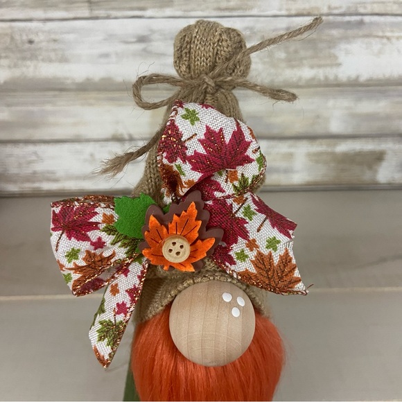 Green Orange Gnome Fall Autumn Leaf Farmhouse Home Decor Brown Sweater Hat - Picture 3 of 9